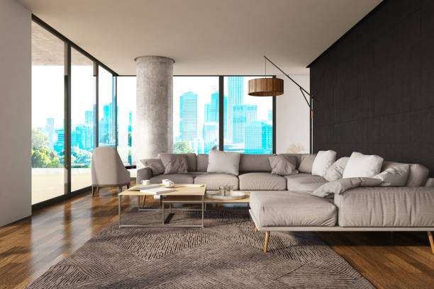 istock Modern Luxury Living Room With City View 1203960590