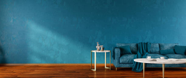 Interior of Living Room with Blue Sofa Panorama