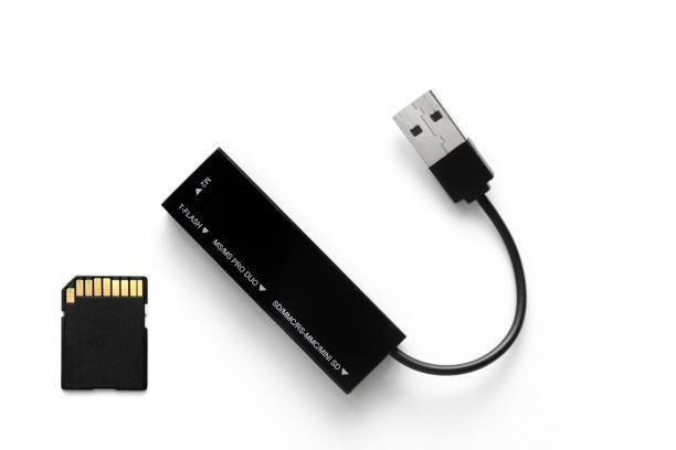 istock Card reader for black flash cards and flash card on white background isolated 1203960789