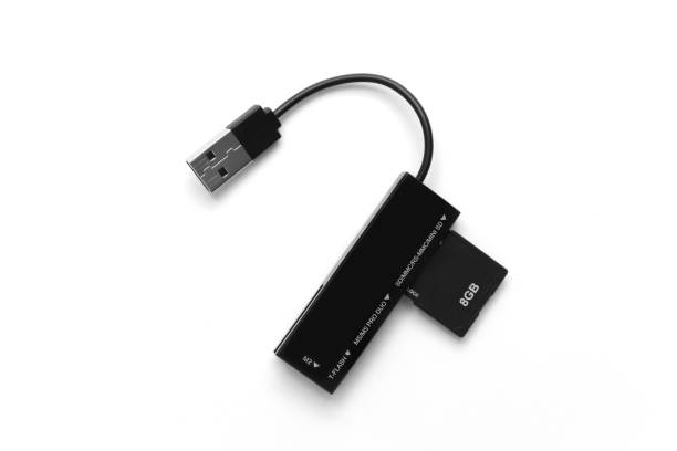 istock Card reader for black flash cards and flash card on white background isolated 1203960811