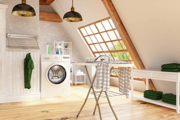 lavanderia con lavatrice e ferro da stiro - iron laundry cleaning ironing board foto e immagini stock