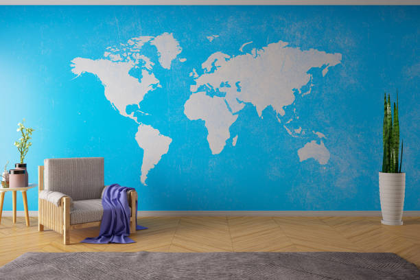 istock Blue Living Room with World Map 1203961658