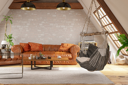 Loft Room with Hammock and Furniture. 3d Render