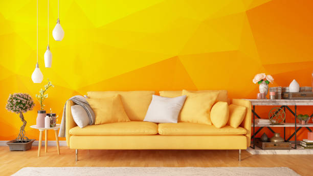 istock Modern Living Room with Sofa and Geometric Wallpaper 1203961890