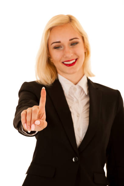 istock active business woman pressing a virtual button isolated over white background 1203961896