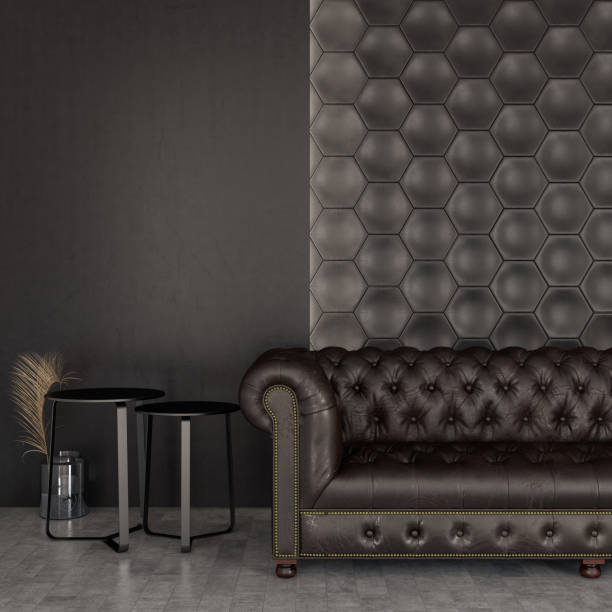 istock Black Room with Hexagonal Wall and Chesterfield Sofa 1203962162