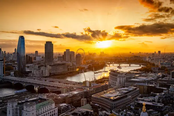 Photo of Elevated view to the iconic London skyline during sunset time, United Kingdom
