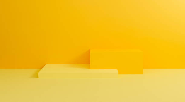 istock 3d yellow podium. Abstract pastel on wall background with geometric shape. Bright yellow cubes for promotion. 3d render design for display product and presentation on website. Creative idea minimal. 1203963738