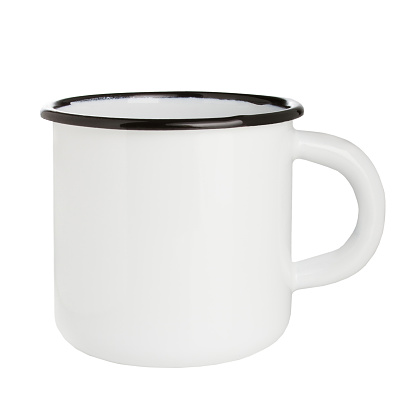 White blank enamel mug isolated on white background