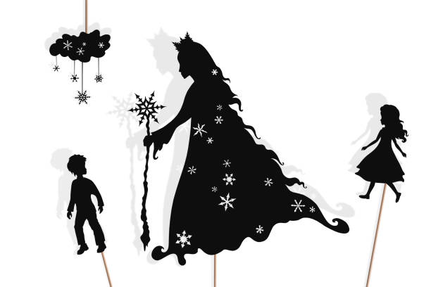 ilustraciones, imágenes clip art, dibujos animados e iconos de stock de snow queen storytelling, títeres de sombras - ice maiden