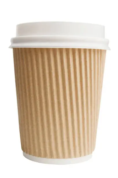 Closeup of cardboard takeaway coffee cup with plastic cap isolated on white background