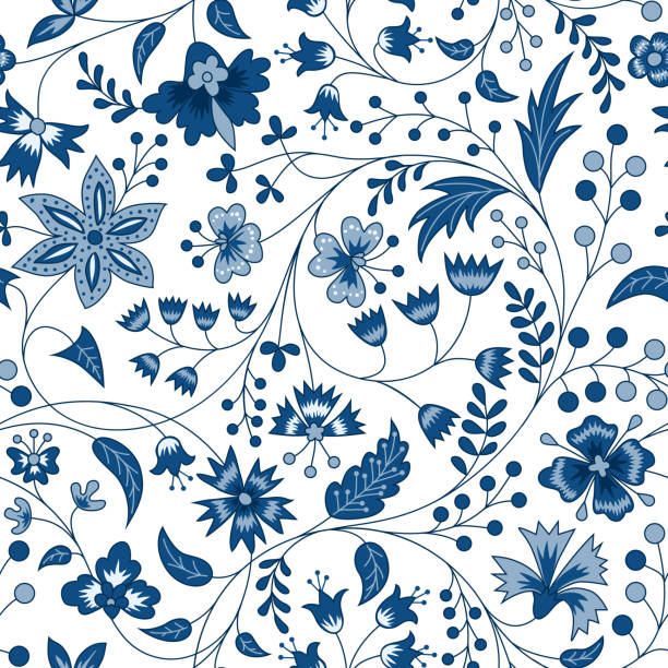 친츠 패브릭 - textile blue leaf paisley stock illustrations