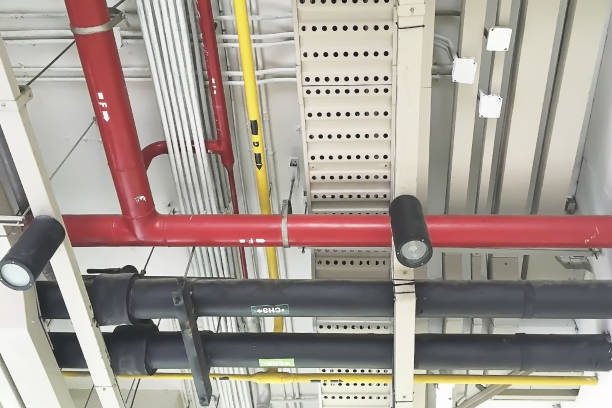 istock Mechanical and electrical pipeline system on the ceiling show integrate direction and types for education and case study presentation report background. 1203965915