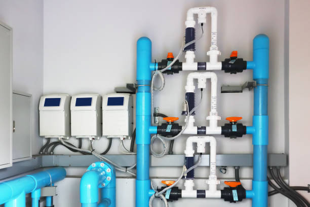 Image background of inside mechanical room of pipeline system for swimming pool. stock photo