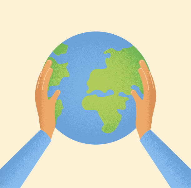 istock Vector semi flat illustration of hands hold the globe isolated on cream background. Planet Earth icon. Design for web banner, mobile gadget. Infographics elements. World map silhouette with people. Earth day celebration. Save the planet. 1203966721