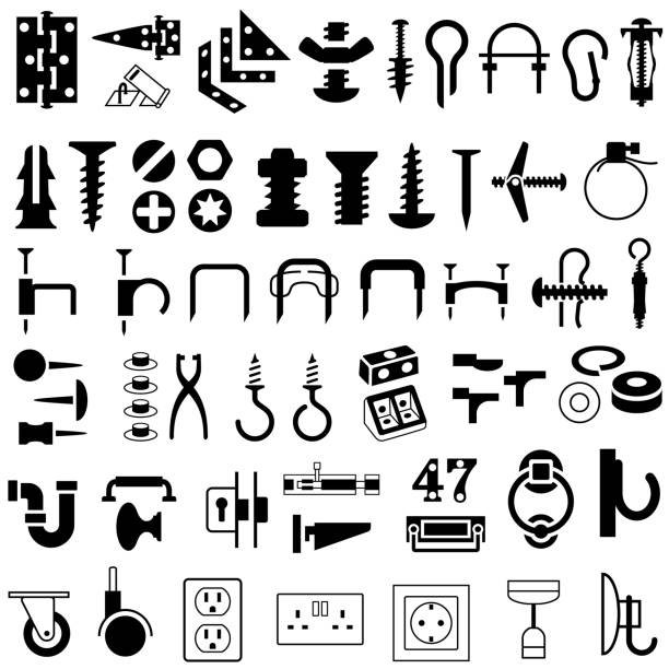 Fastenings, Screws, Nails and Bolts Icons Single color isolated icons of fixings fastenings and ironmongery hardware store products. hinge stock illustrations