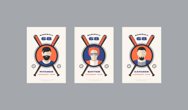 ilustrações de stock, clip art, desenhos animados e ícones de set of baseball card design in retro style - color image batting illustration technique adult