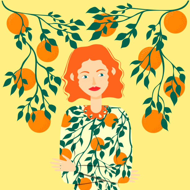 istock Beautiful girl in a dress with a pattern of orange 1203969766
