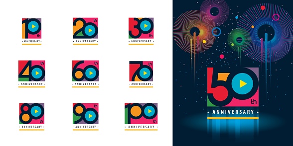 Set of Anniversary logotype design, Celebrating Anniversary Colorful Logo for celebration event, invitation, greeting, web template, Flyer and booklet, Play symbol, Colors logo vector