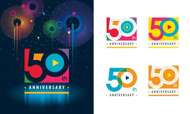 Set of 50th Anniversary logotype design, Fifty years Celebrating Anniversary Set of 50th Anniversary logotype design, Fifty years Celebrating Anniversary Sign, Colorful Logo for celebration event, invitation, greeting, web template, Flyer and booklet, Play symbol, Colors logo vector number 50 stock illustrations