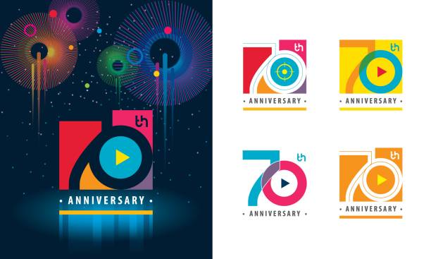 Set of 70th Anniversary logotype design, Seventy years Celebrating Anniversary Set of 70th Anniversary logotype design, Seventy years Celebrating Anniversary Sign, Colorful Logo for celebration event, invitation, greeting, web template, Flyer and booklet, Play symbol, Colors logo vector 70th stock illustrations