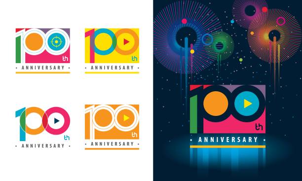 Set of 100th Anniversary logotype design, Hundred years Celebrating Anniversary Set of 100th Anniversary logotype design, Hundred years Celebrating Anniversary Sign, Colorful Logo for celebration event, invitation, greeting, web template, Flyer and booklet, Play symbol, Colors logo vector number 100 stock illustrations
