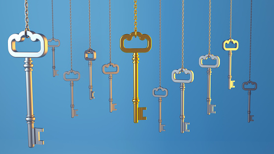 Old bronze keys, white background with copy space, full frame horizontal composition