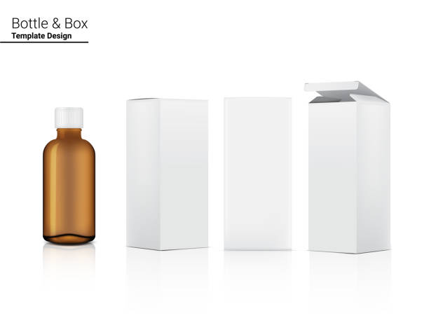 ilustrações, clipart, desenhos animados e ícones de amber bottle transparent mock up realistic cosmetic and box for skincare product on white background illustration. cuidados de saúde e design de conceito médico. - amber bottle