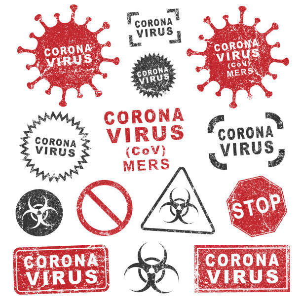 illustrations, cliparts, dessins animés et icônes de forme d'icône d'avertissement de virus de mers corona. symbole du logo des dangers biologiques. signe de danger de virus d'épidémie de contamination. illustration vectorielle. isoler sur le fond blanc. chine, maladie de wuhan. encre grunge de timbre - biologic