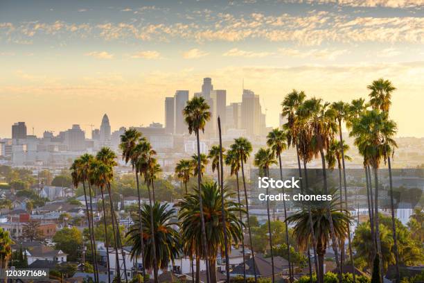 Downtown Los Angeles At Sunset Stock Photo - Download Image Now - City Of Los Angeles, Los Angeles County, California