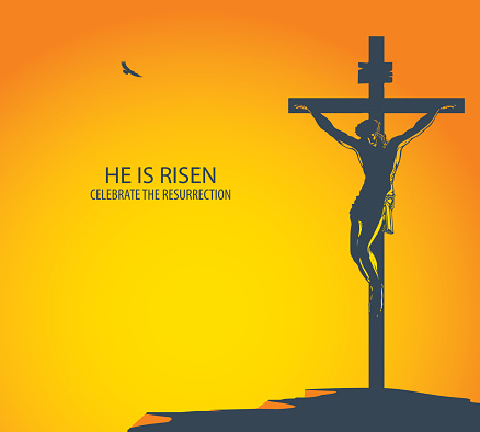Vector illustration with mount Calvary and crucified Jesus Christ at sunset. Religious banner with a biblical story on Easter or Good Friday with the words He is risen, celebrate the resurrection