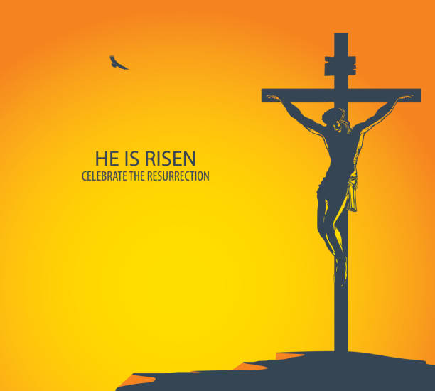 banner with Jesus Christ crucified on the cross Vector illustration with mount Calvary and crucified Jesus Christ at sunset. Religious banner with a biblical story on Easter or Good Friday with the words He is risen, celebrate the resurrection what mountain was jesus crucified on stock illustrations