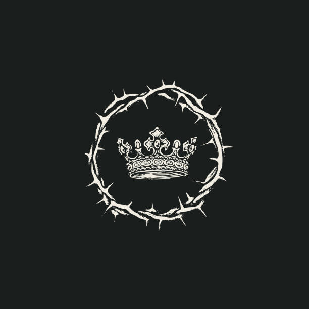 religious banner with a crown of thorns and a crown Vector banner on the theme of Easter with a crown of thorns and a crown on the black background. Black and white religious illustration good friday stock illustrations