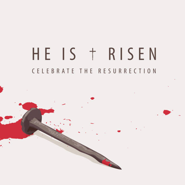 Religious banner with nail and drops of blood Vector Easter banner or greeting card with words He is risen, Celebrate the resurrection. Religious illustration with nail and drops of blood on a light background nail cross stock illustrations