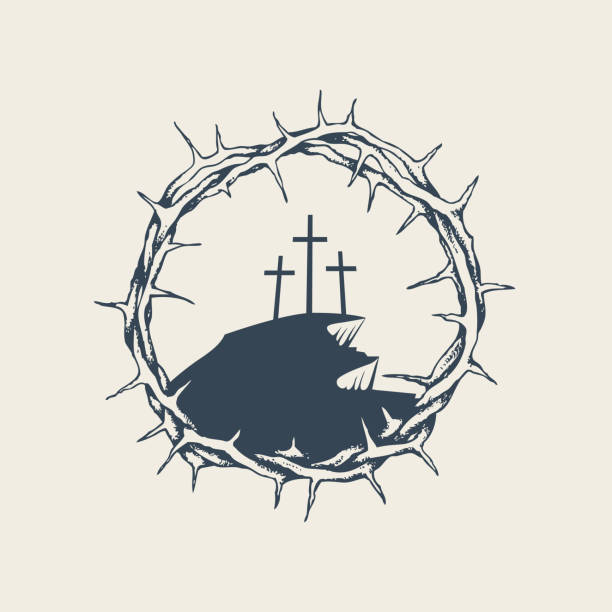 Mount Calvary with three crosses in crown of thorns Vector banner, icon or emblem with mount Calvary and three crosses inside a crown of thorns. Religious illustration on the theme of Easter and Good Friday good friday stock illustrations