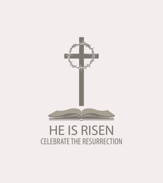 Easter banner with bible, cross and crown of thorns Vector Easter banner or icon with a cross, crown of thorns, open Bible and the words He is risen, celebrate the resurrection thorn wreath stock illustrations
