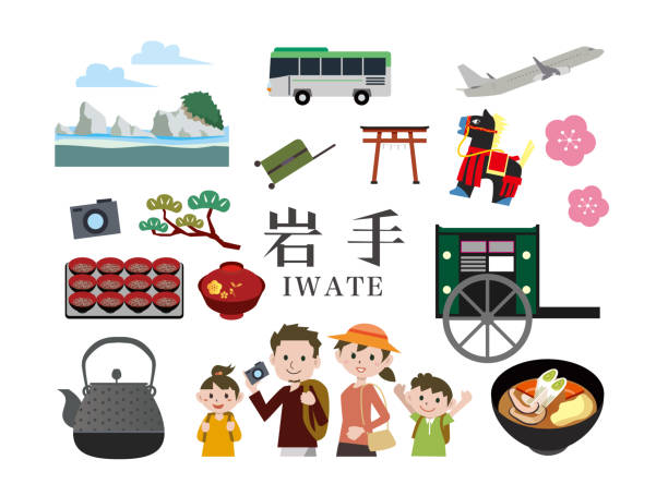 ilustraciones, imágenes clip art, dibujos animados e iconos de stock de hacer turismo en iwate, japón - región de tohoku