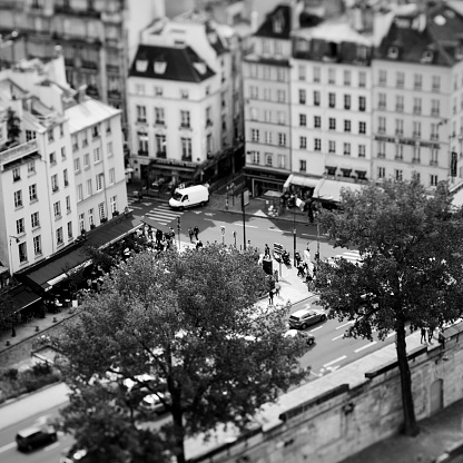 Aerial view from Notre Dame tower with tilt-shift lens, Paris, France