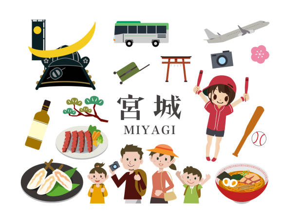 ilustraciones, imágenes clip art, dibujos animados e iconos de stock de hacer turismo en miyagi, japón - región de tohoku