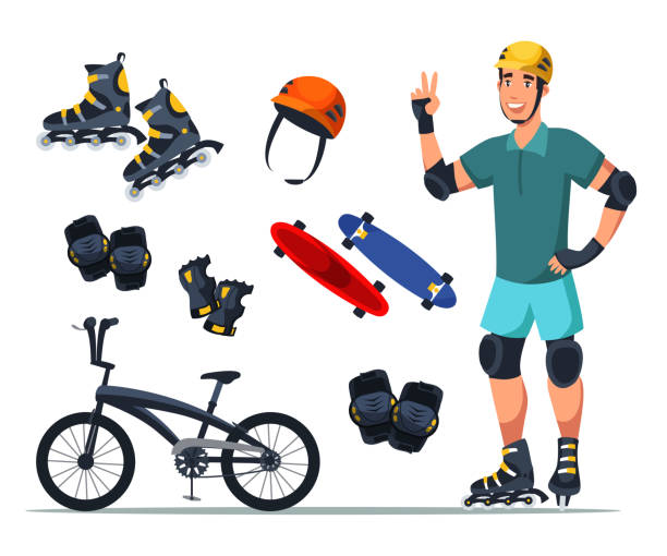 Roller skater protection gear illustrations set Roller skater protection gear illustrations set. Extreme sport fan wearing helmet, kneepads, wrist and elbow protectors cartoon character. Bicycle and skateboards isolated on white background kneepad stock illustrations