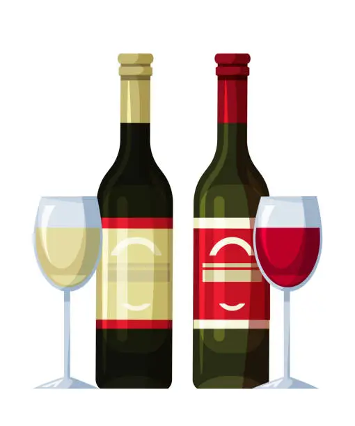 Vector illustration of Two bottles of red and white wine and wineglasses