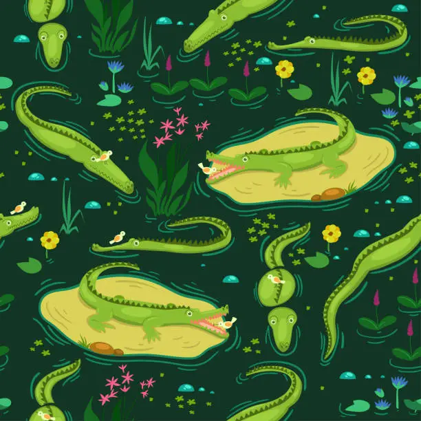 Vector illustration of Seamless pattern with swimming crocodiles. Vector graphics.