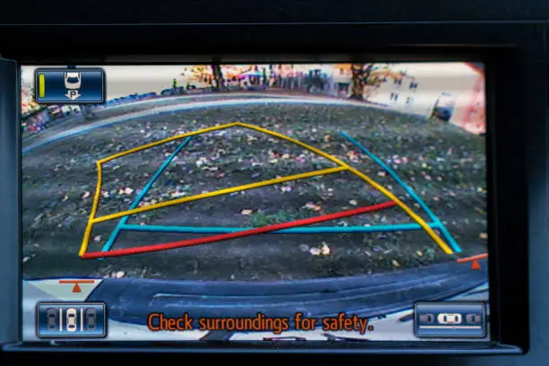 Photo of car camera parking assistance indicates direction