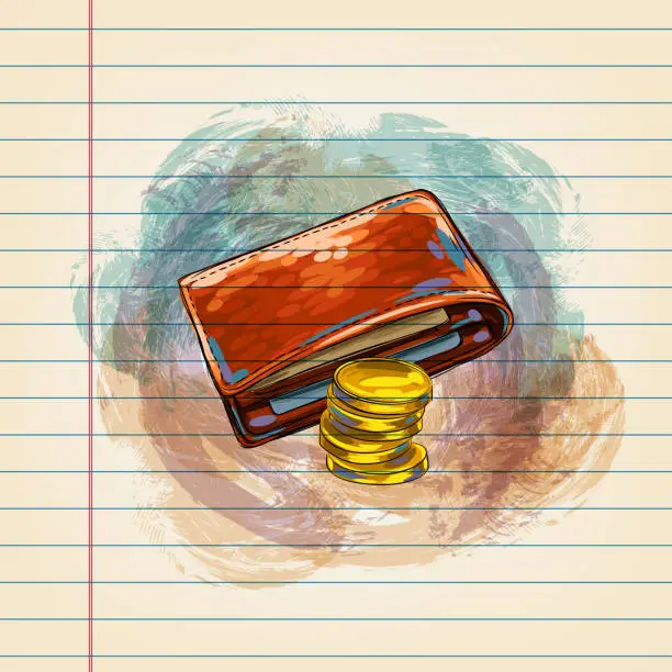 Vector illustration of Wallet and coins Drawing on Ruled Paper