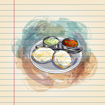 Drawing of  Indian Cuisine Idli in watercolour style on ruled paper. Elements are grouped.contains eps10 and high resolution jpeg.