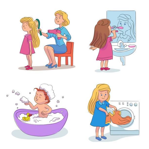 ilustrações, clipart, desenhos animados e ícones de girl daily hygiene activities cartoon scenes set - tooth comb