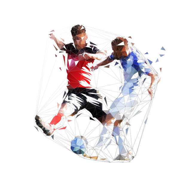 футболисты, низкоугольная изолированная векторная иллюстрация. два геометрических футболиста с мячом - soccer player stock illustrations