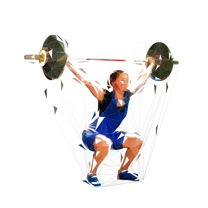 Weightlifting woman, low polygonal vector illustration. Isolated geometric strong woman litfs big barbell