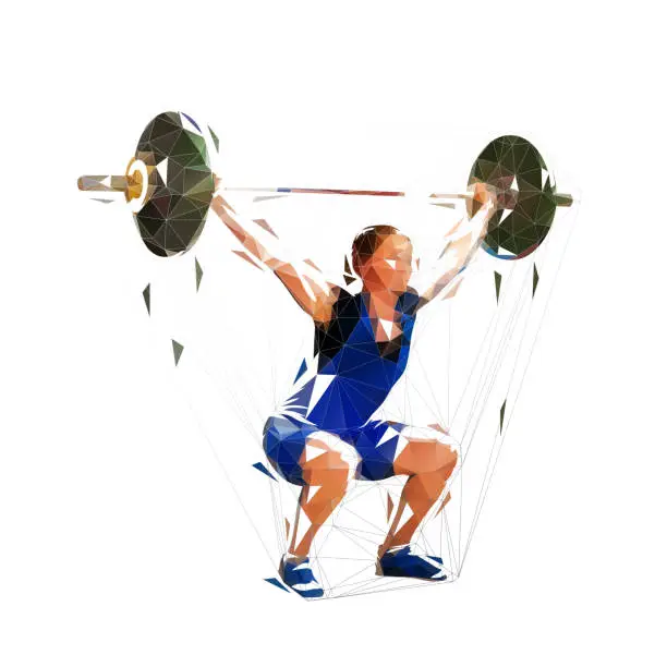 Vector illustration of Weightlifting woman, low polygonal vector illustration. Isolated geometric strong woman litfs big barbell