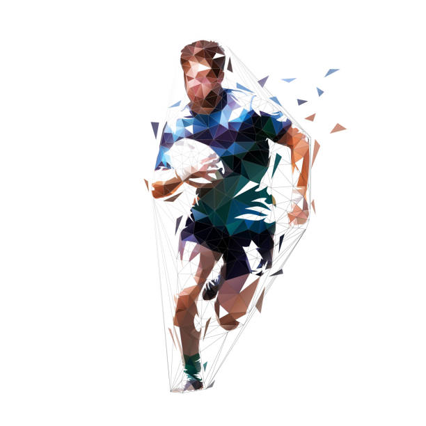 illustrations, cliparts, dessins animés et icônes de joueur de rugby fonctionnant avec la bille, illustration de vecteur isolé polygonal basse - rugby